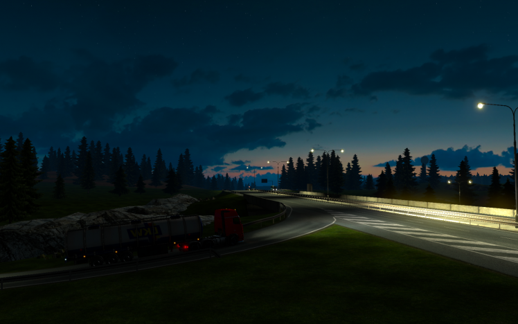 Euro Truck Simulator 2, Video Games, Night, Sun, Morning, Road, Car, Trucks, Cargo HD Wallpaper Desktop Background