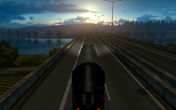 Euro Truck Simulator 2, Video Games, Night, Sun, Morning, Road, Car, Trucks, Cargo HD Wallpaper Desktop Background