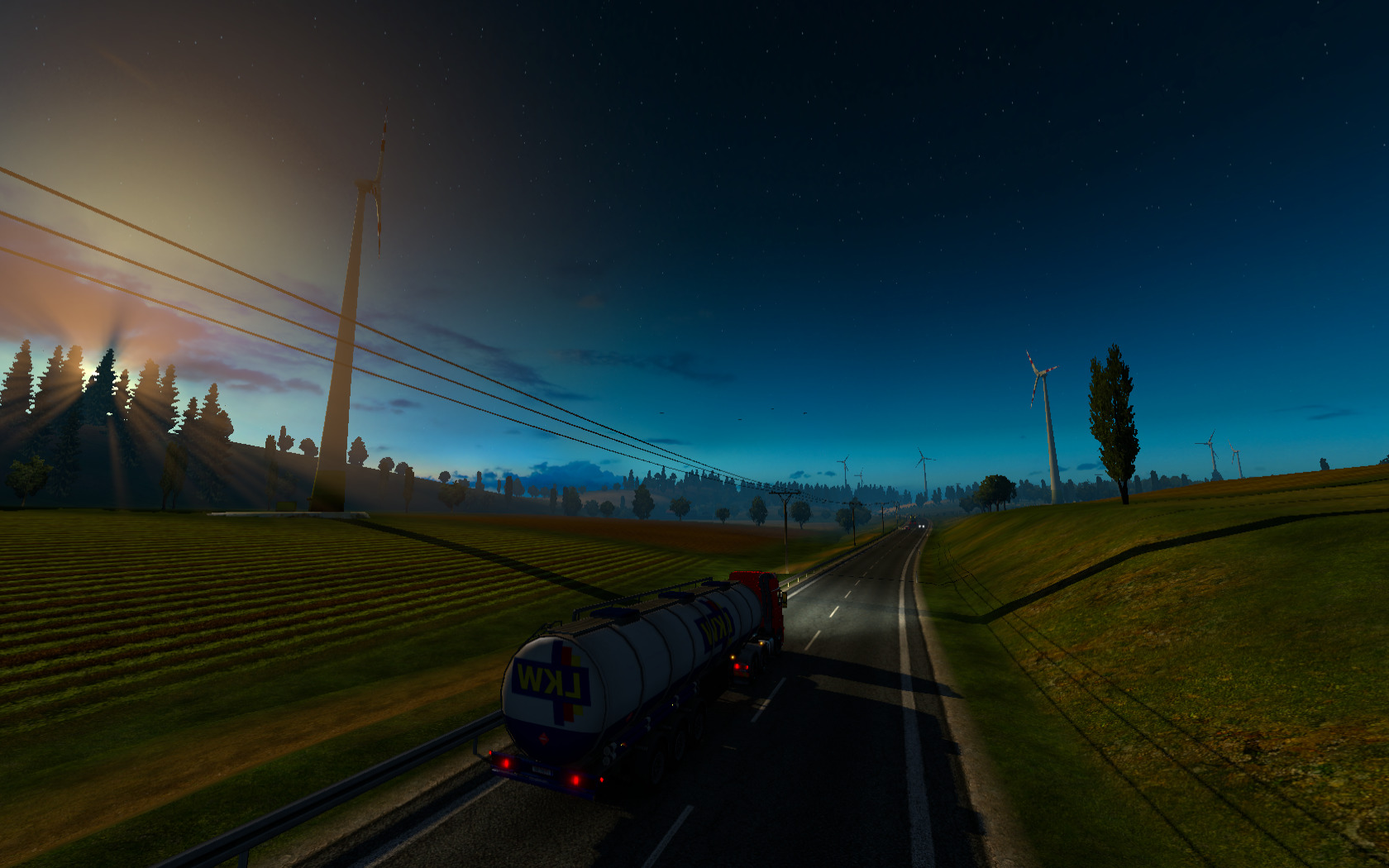 Euro Truck Simulator 2, Video Games, Night, Sun, Morning, Road, Car, Trucks, Cargo Wallpaper