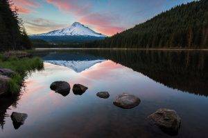 nature, Landscape, Mountain, Lake, Forest, Sunrise, Snowy Peak, Calm, Water, Reflection, Oregon, Clouds