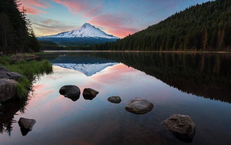 nature, Landscape, Mountain, Lake, Forest, Sunrise, Snowy Peak, Calm, Water, Reflection, Oregon, Clouds HD Wallpaper Desktop Background
