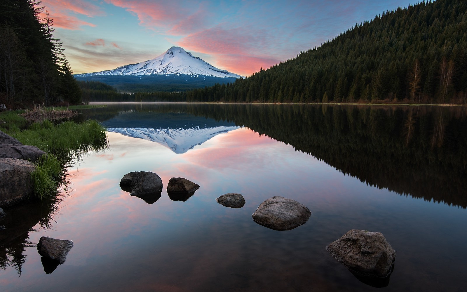 nature, Landscape, Mountain, Lake, Forest, Sunrise, Snowy Peak, Calm, Water, Reflection, Oregon, Clouds Wallpaper