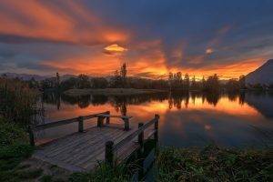 nature, Landscape, Lake, Clouds, Dock, Trees, Sky, Sunrise, Mountain, Reeds, Water, France