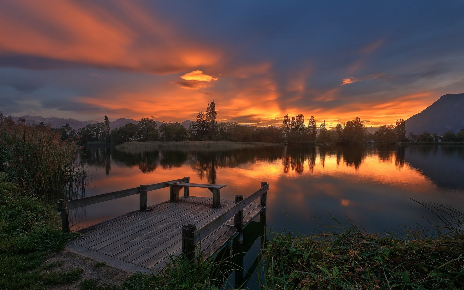 nature, Landscape, Lake, Clouds, Dock, Trees, Sky, Sunrise, Mountain, Reeds, Water, France Wallpaper