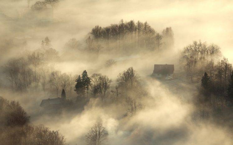 nature, Landscape, Sunrise, Mist, House, Trees, Morning, Aerial View HD Wallpaper Desktop Background
