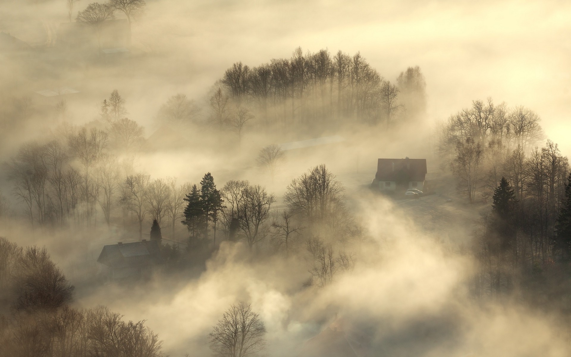 nature, Landscape, Sunrise, Mist, House, Trees, Morning, Aerial View Wallpaper