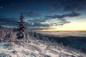 nature, Landscape, Winter, Snow, Forest, Hill, Moon, Sunset, Clouds, Trees, Mist, White, Blue, Valley