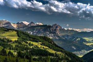 nature, Landscape, Dolomites (mountains), Alps, Forest, Summer, Grass, Clouds, Italy, Village, Valley