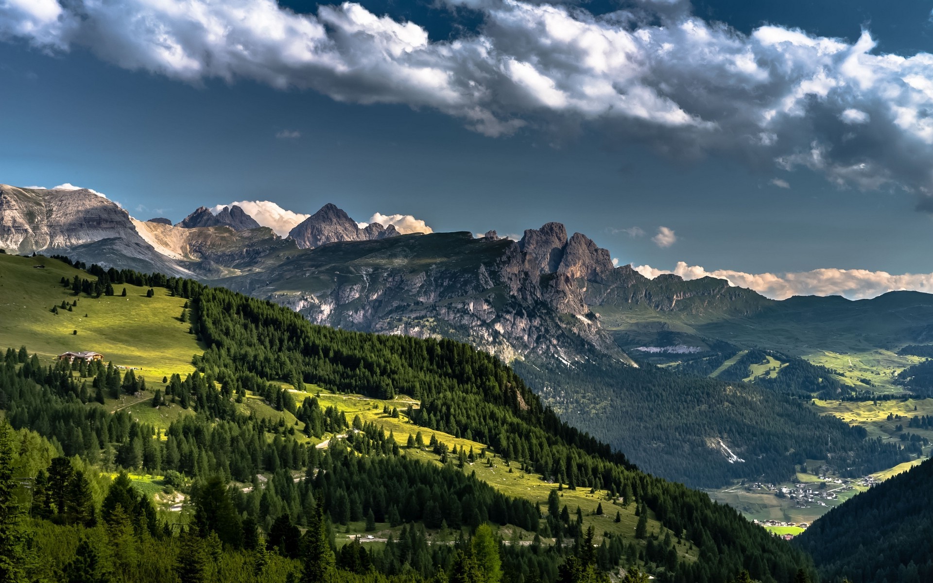 nature, Landscape, Dolomites (mountains), Alps, Forest, Summer, Grass, Clouds, Italy, Village, Valley Wallpaper