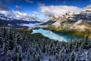 lake, Forest, Mountain, Nature, Snow, Clouds, Landscape, Turquoise, Water, Canada, Trees