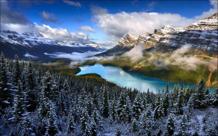 lake, Forest, Mountain, Nature, Snow, Clouds, Landscape, Turquoise, Water, Canada, Trees HD Wallpaper Desktop Background