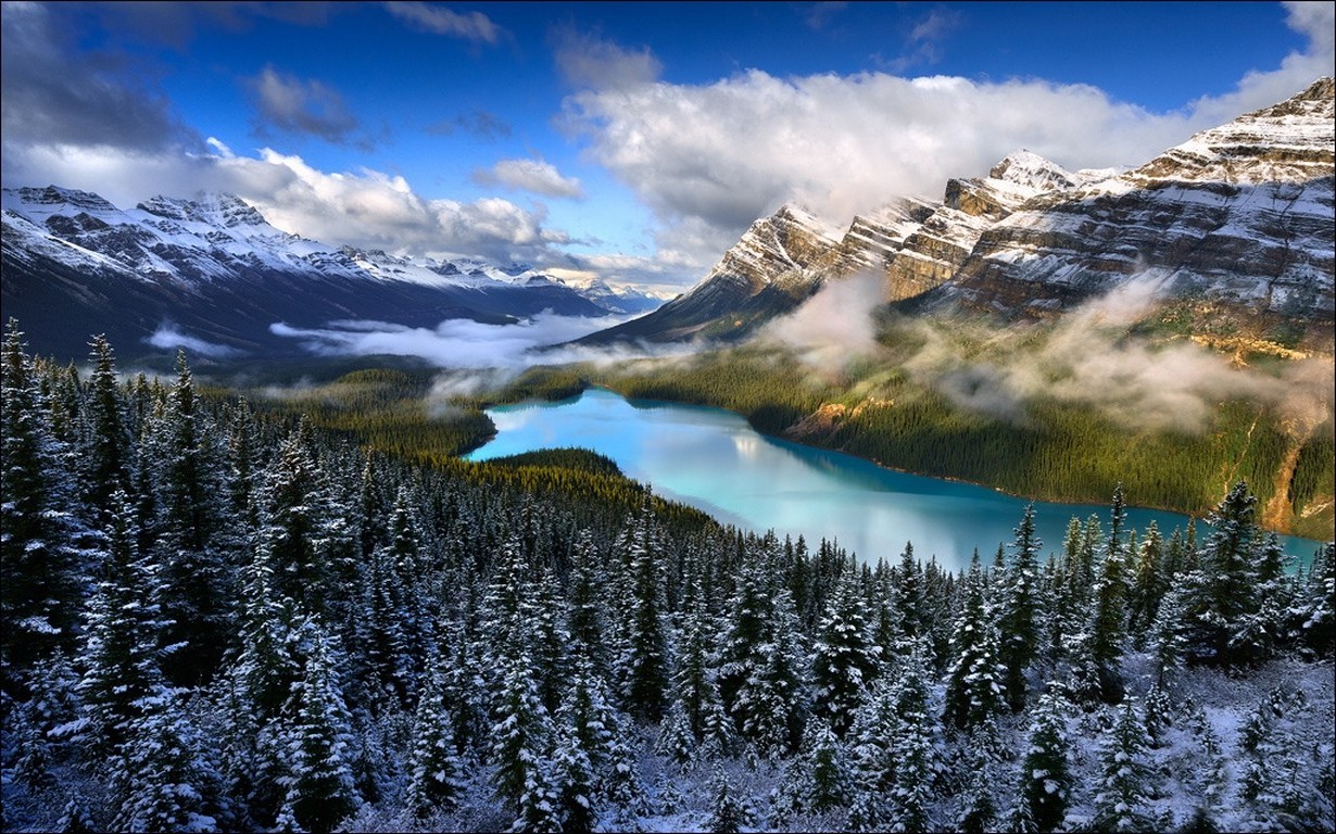 lake, Forest, Mountain, Nature, Snow, Clouds, Landscape, Turquoise, Water, Canada, Trees Wallpaper
