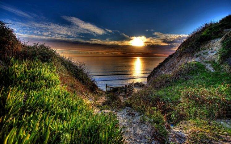 nature, Landscape, Path, Beach, Sea, Sunset, Shrubs, Sky, Clouds HD Wallpaper Desktop Background