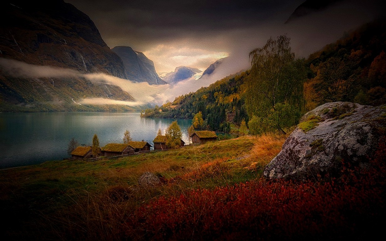 Nature Landscape Mountain Lake Clouds Cabin Grass Waterfall