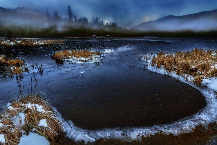 Alaska, River, Mist, Nature, Mountain, Cabin, Frost, Sunset, Trees, Landscape, Snow, Twilight HD Wallpaper Desktop Background