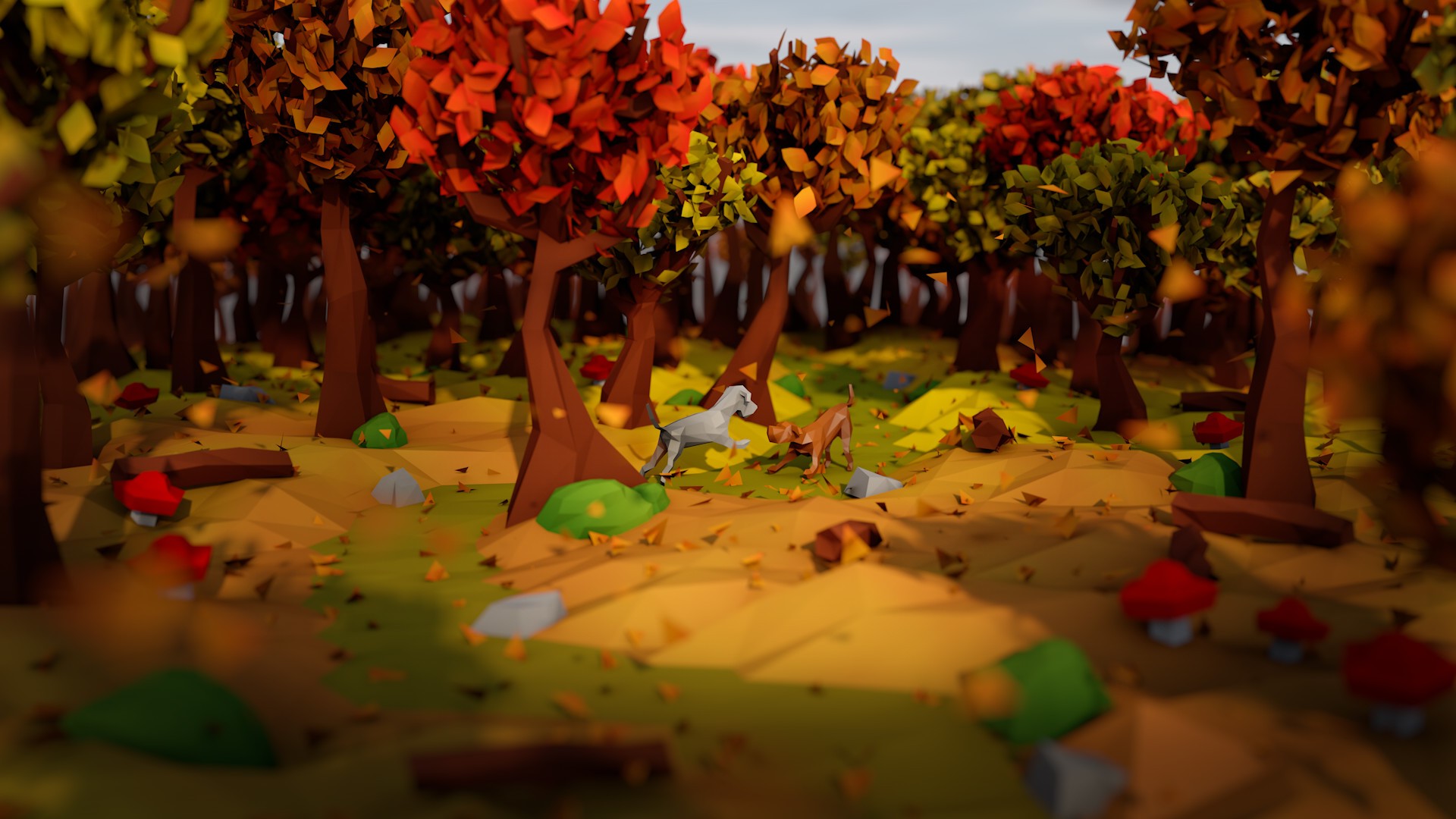 artwork, Digital Art, Low Poly, Nature, Forest, Trees, Dog, Animals