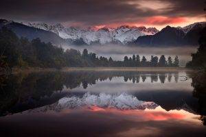 nature, Landscape, Mist, Lake, Mountain, Sunset, Trees, Water, Calm, Reflection, Snowy Peak, New Zealand, Clouds, Sky