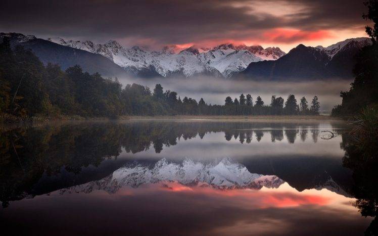 nature, Landscape, Mist, Lake, Mountain, Sunset, Trees, Water, Calm, Reflection, Snowy Peak, New Zealand, Clouds, Sky HD Wallpaper Desktop Background