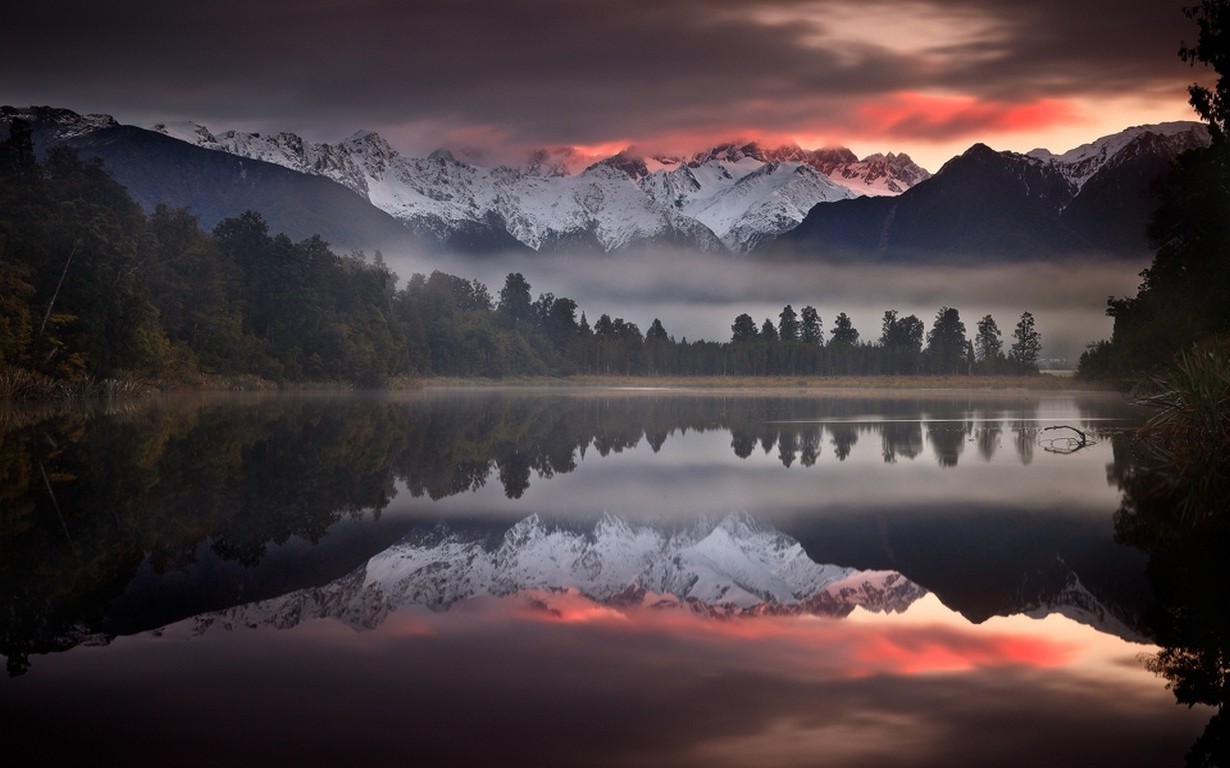 nature, Landscape, Mist, Lake, Mountain, Sunset, Trees, Water, Calm, Reflection, Snowy Peak, New Zealand, Clouds, Sky Wallpaper