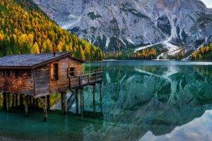 nature, Landscape, Lake, Mountain, Cabin, Chapel, Forest, Fall, Italy, Alps, Turquoise, Water, Reflection, Trees