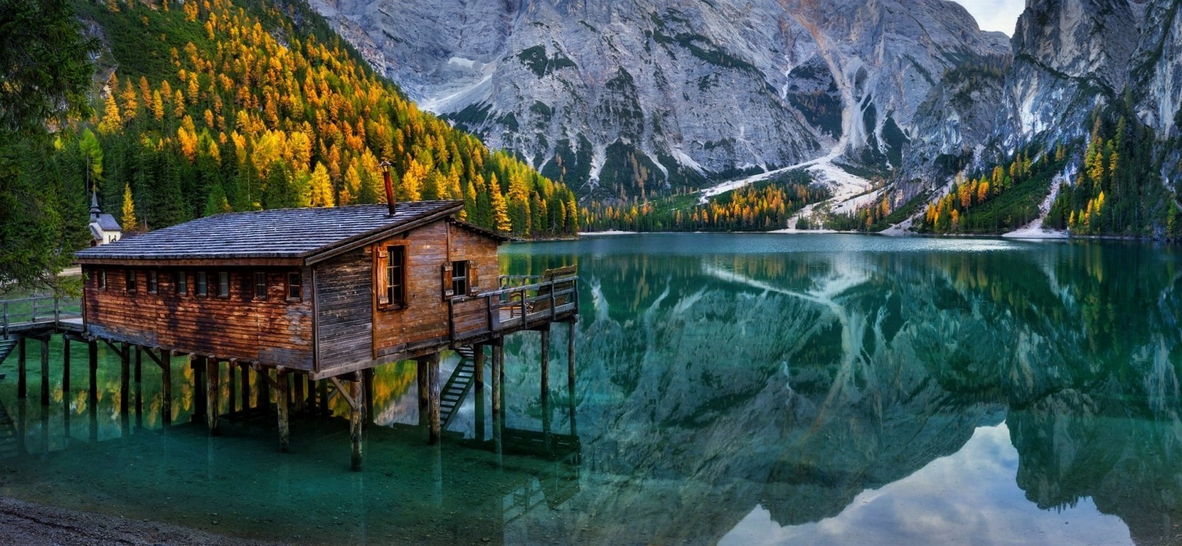 nature, Landscape, Lake, Mountain, Cabin, Chapel, Forest, Fall, Italy, Alps, Turquoise, Water, Reflection, Trees Wallpaper