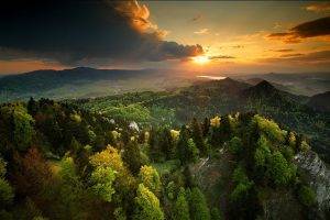nature, Landscape, Spring, Sunset, Forest, Sky, Mountain, Clouds, Mist, Trees
