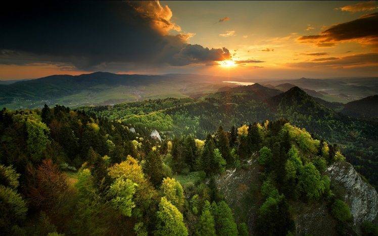 nature, Landscape, Spring, Sunset, Forest, Sky, Mountain, Clouds, Mist, Trees HD Wallpaper Desktop Background