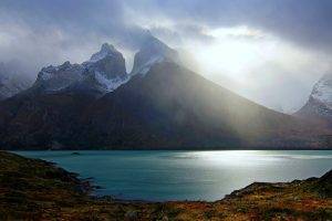 nature, Landscape, Mountain, Lake, Sunset, Chile, Torres Del Paine, Mist, Turquoise, Water, Snowy Peak
