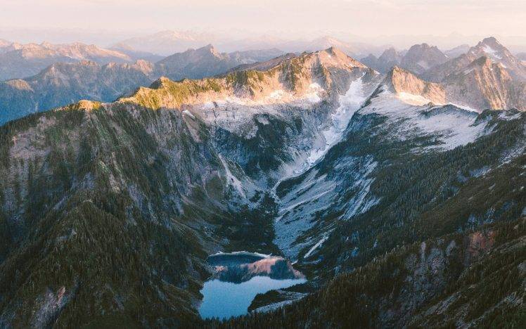 nature, Landscape, Mountain, Lake, Forest, Sunrise, Water, Mist, Snow HD Wallpaper Desktop Background