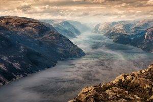 nature, Landscape, Norway, Fjord, Mist, Mountain, Clouds, Sunset