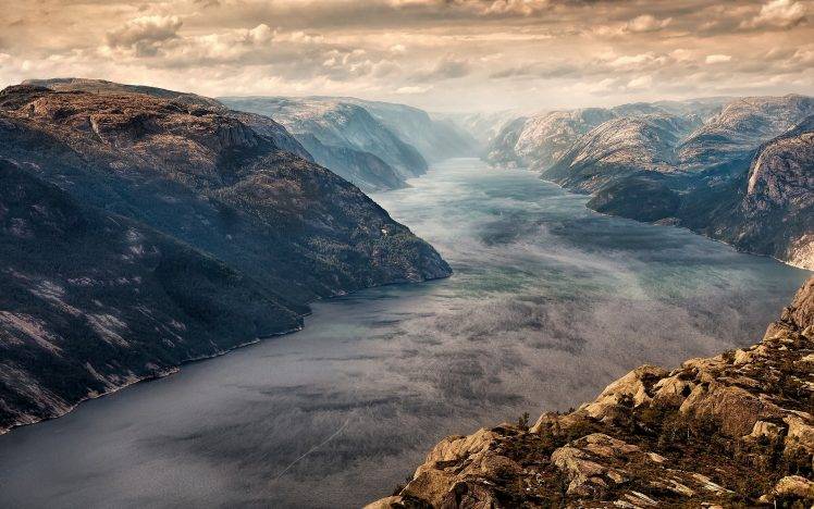 nature, Landscape, Norway, Fjord, Mist, Mountain, Clouds, Sunset HD Wallpaper Desktop Background