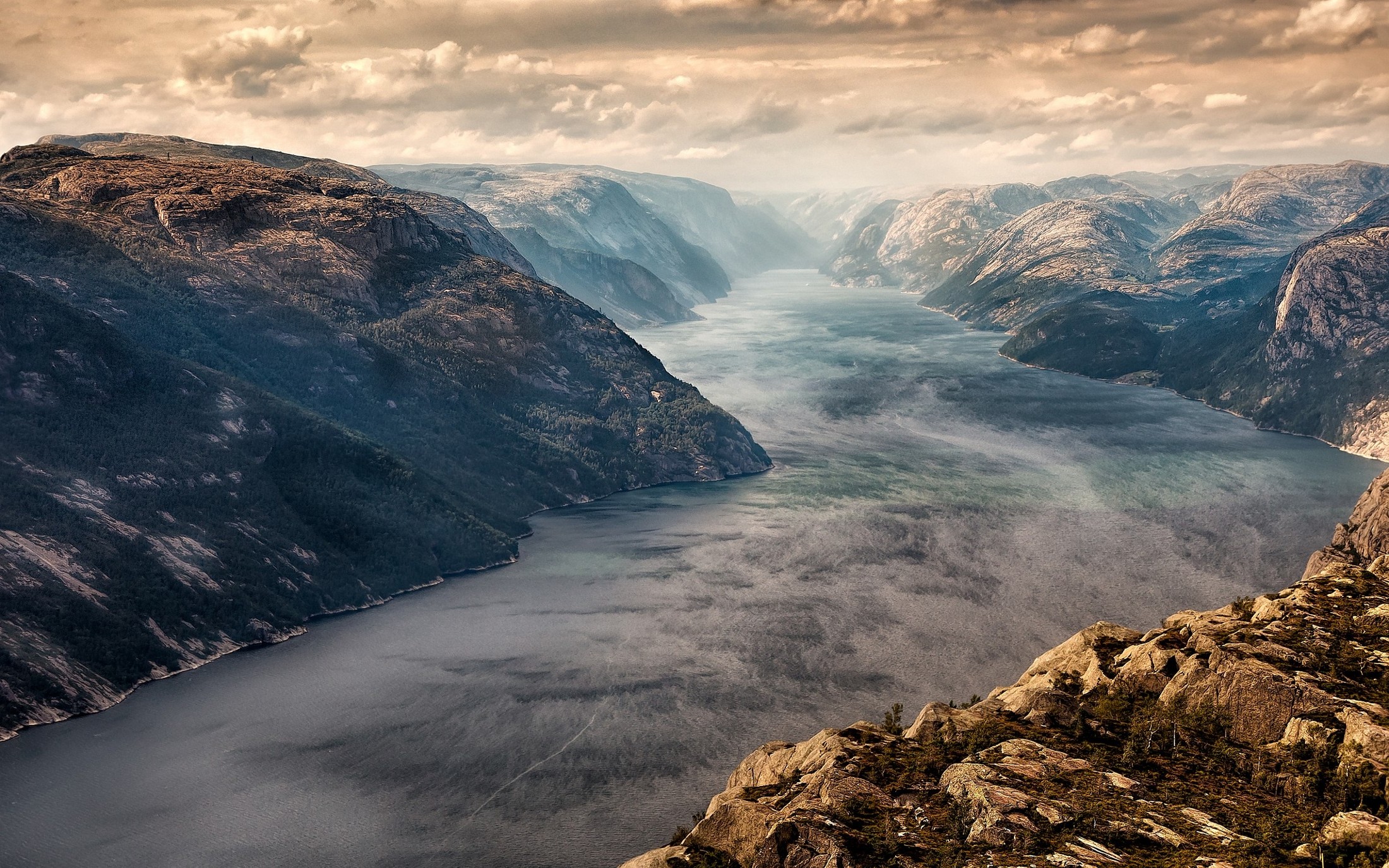 nature, Landscape, Norway, Fjord, Mist, Mountain, Clouds, Sunset Wallpaper