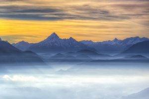 nature, Landscape, Mist, Sunrise, Mountain, Clouds, Snowy Peak