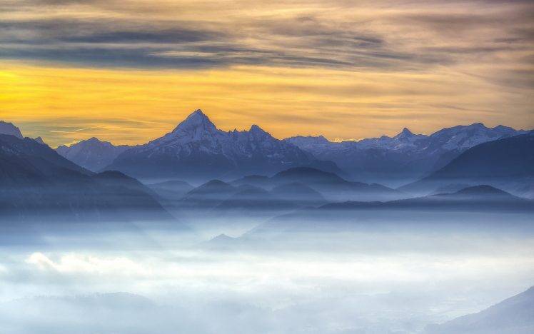 nature, Landscape, Mist, Sunrise, Mountain, Clouds, Snowy Peak HD Wallpaper Desktop Background