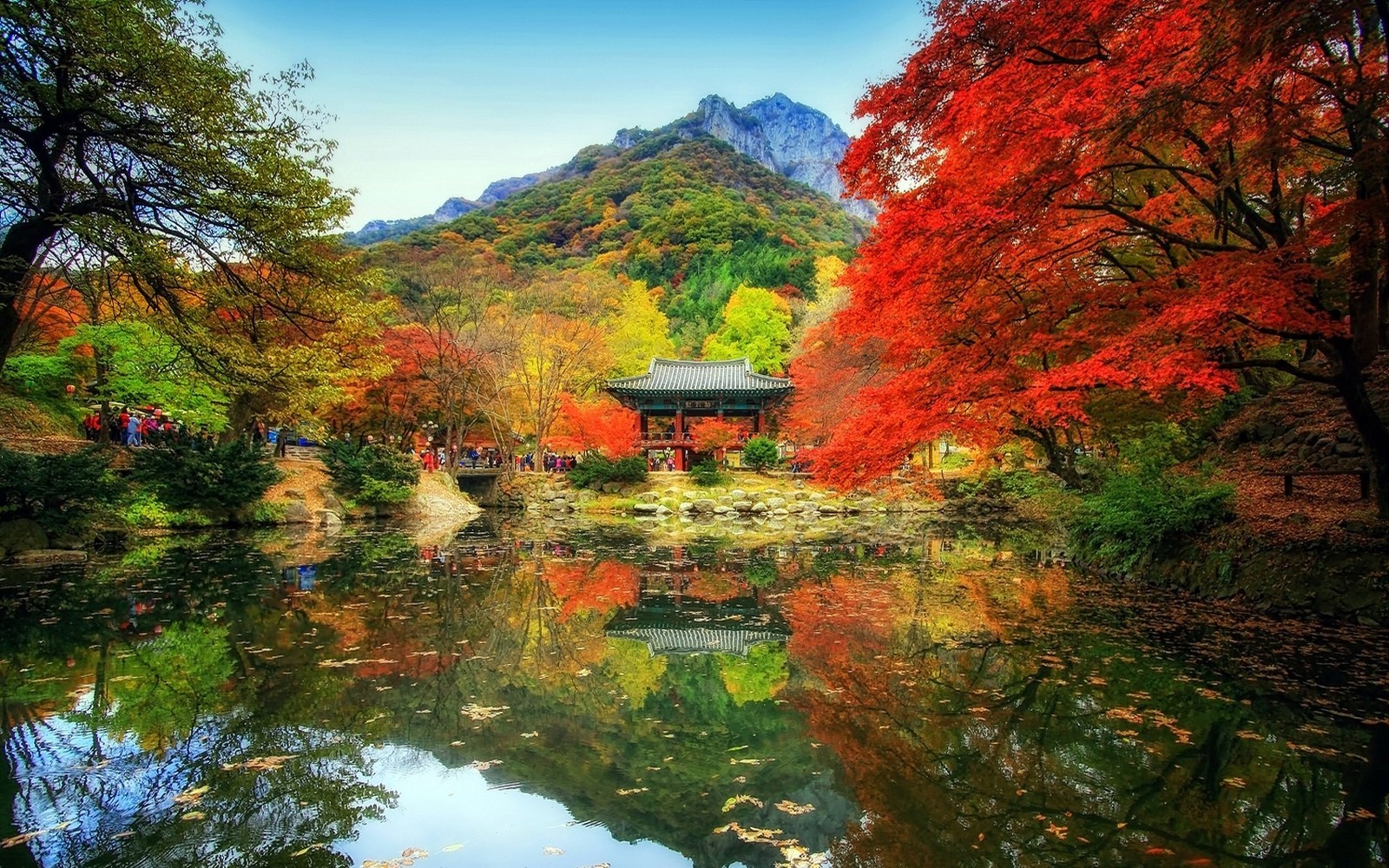 nature, Landscape, Fall, Trees, Reflection, People, Mountain, Temple, Water, Park Wallpaper