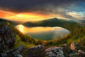 nature, Landscape, Sunset, Lake, Mountain, Sky, Forest, Clouds, China, Trees