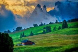 nature, Landscape, Dolomites (mountains), Sunset, Italy, Cabin, Clouds, Grass, Trees, Sky