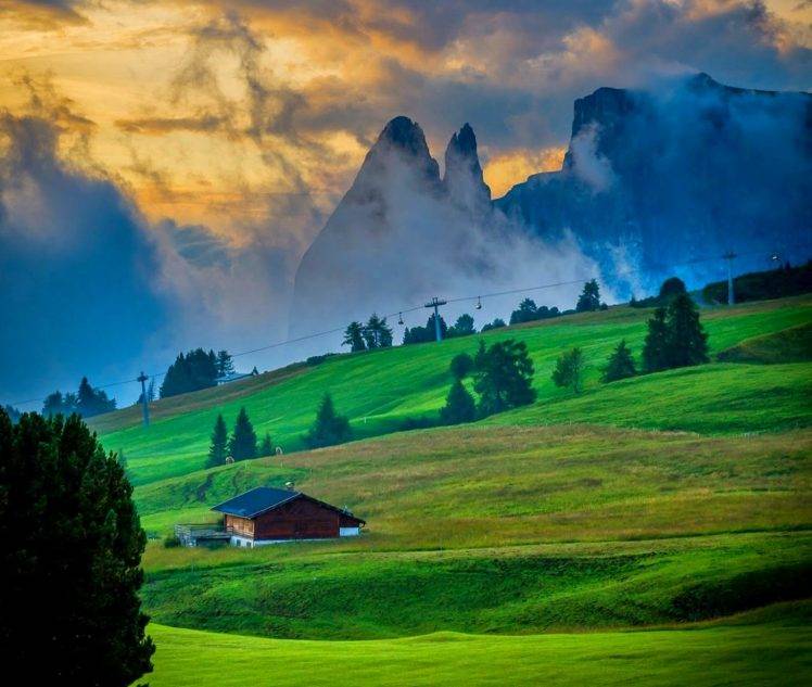 nature, Landscape, Dolomites (mountains), Sunset, Italy, Cabin, Clouds, Grass, Trees, Sky HD Wallpaper Desktop Background