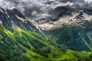 nature, Landscape, Spring, Mountain, Alps, Clouds, Forest, Grass, Switzerland, Snowy Peak, Green