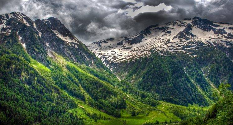 nature, Landscape, Spring, Mountain, Alps, Clouds, Forest, Grass, Switzerland, Snowy Peak, Green HD Wallpaper Desktop Background