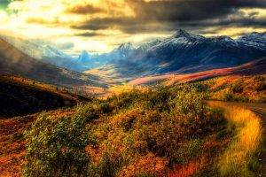 nature, Landscape, Panoramas, Mountain, Sunrise, Dirt Road, Grass, Clouds, Shrubs, Sky, Snowy Peak, Canada