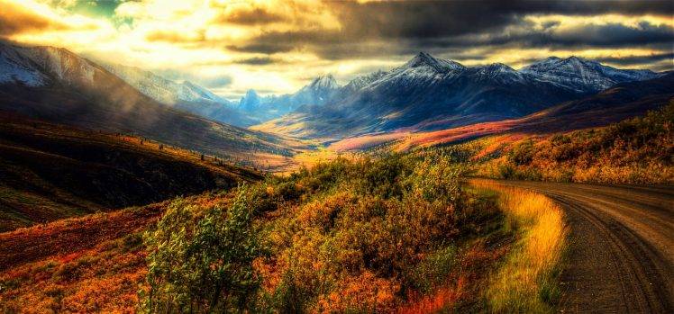 nature, Landscape, Panoramas, Mountain, Sunrise, Dirt Road, Grass, Clouds, Shrubs, Sky, Snowy Peak, Canada HD Wallpaper Desktop Background