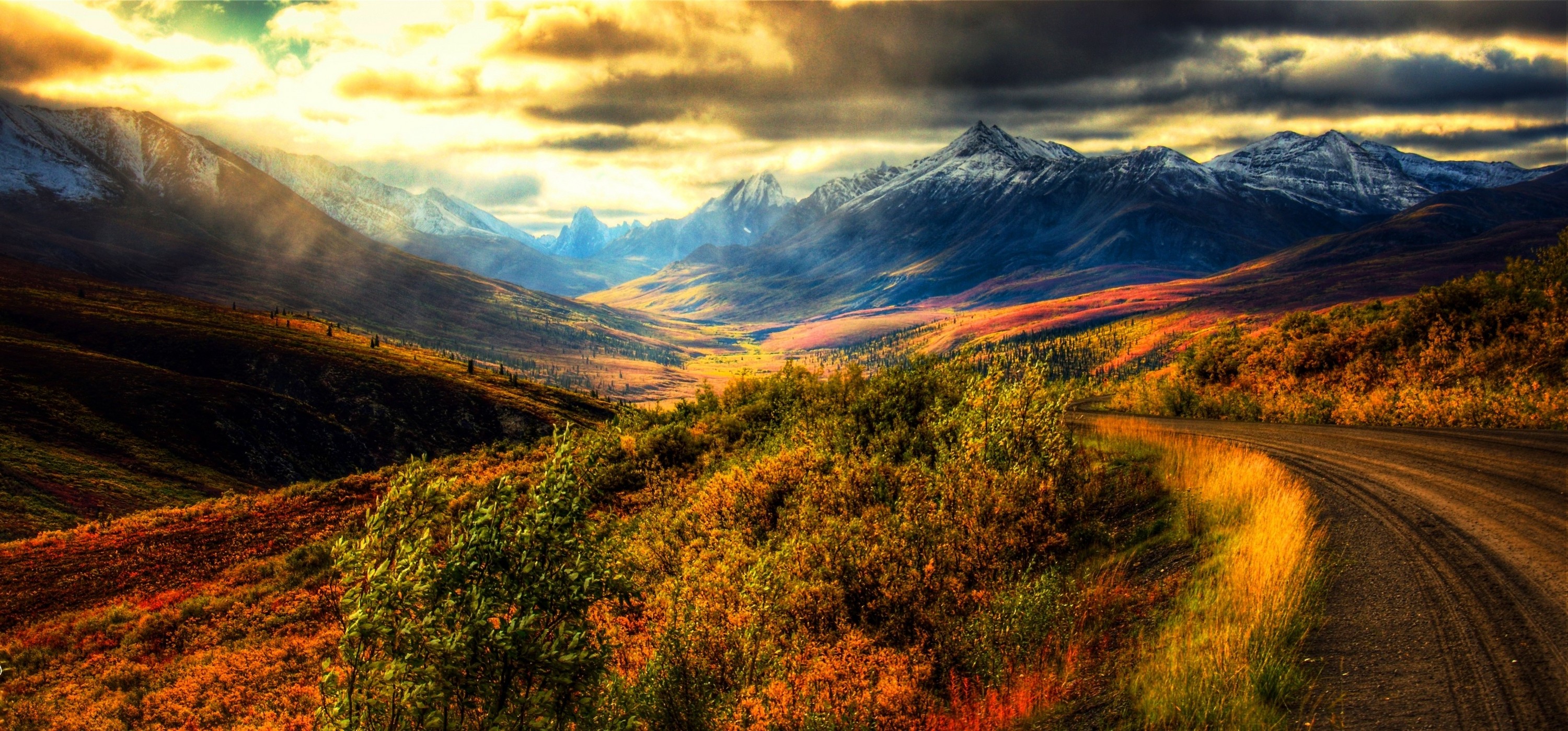 nature, Landscape, Panoramas, Mountain, Sunrise, Dirt Road, Grass, Clouds, Shrubs, Sky, Snowy Peak, Canada Wallpaper