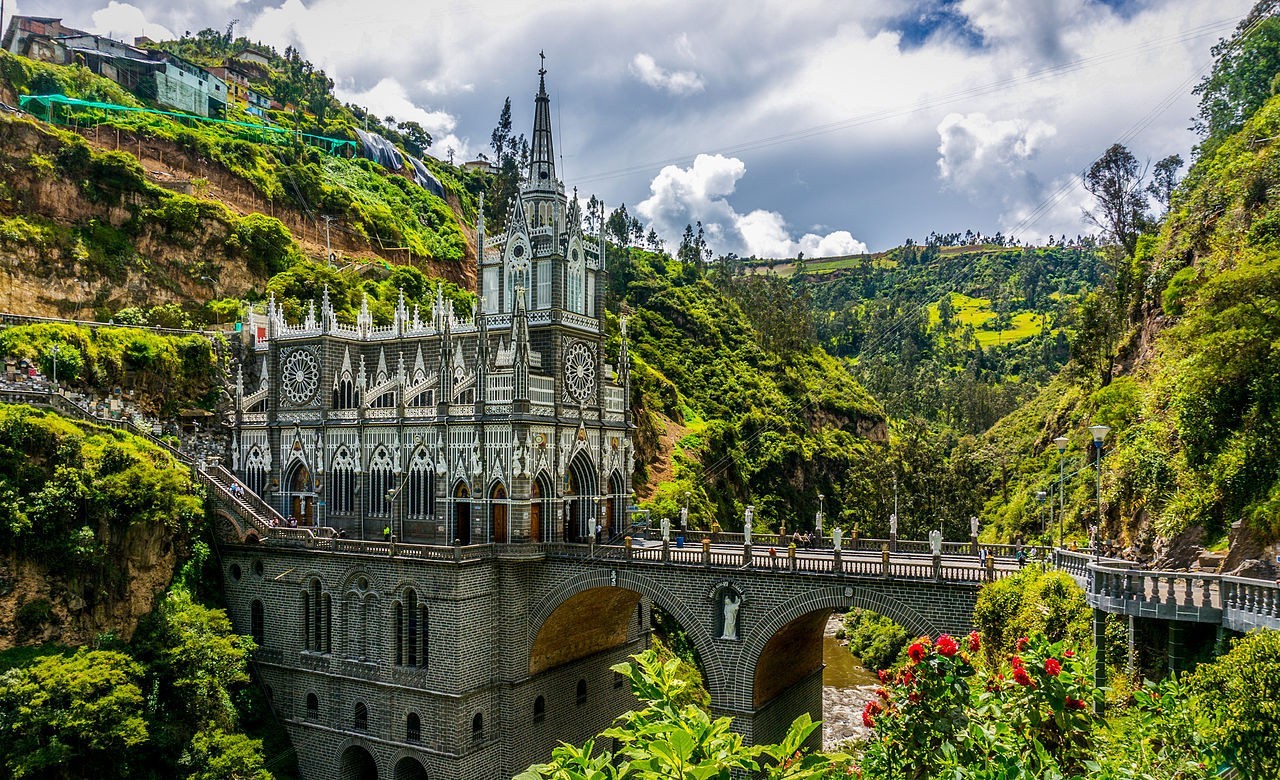 nature, Landscape, Architecture, Castle, Tower, Trees, Forest, Las Lajas, Colombia, South America, Bridge, Church, Hill, Mountain, Rock, Clouds, Sky, Flowers, House, Sculpture, HDR Wallpaper