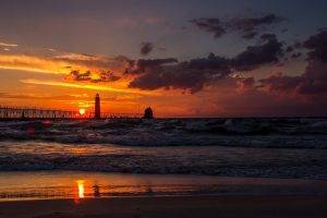 nature, Landscape, Sky, Sun, Clouds, Horizon, Michigan, USA, Sea, Pier, Waves, Lighthouse, House, Sunset, Reflection, Coast, Sand, Beach, Silhouette, People