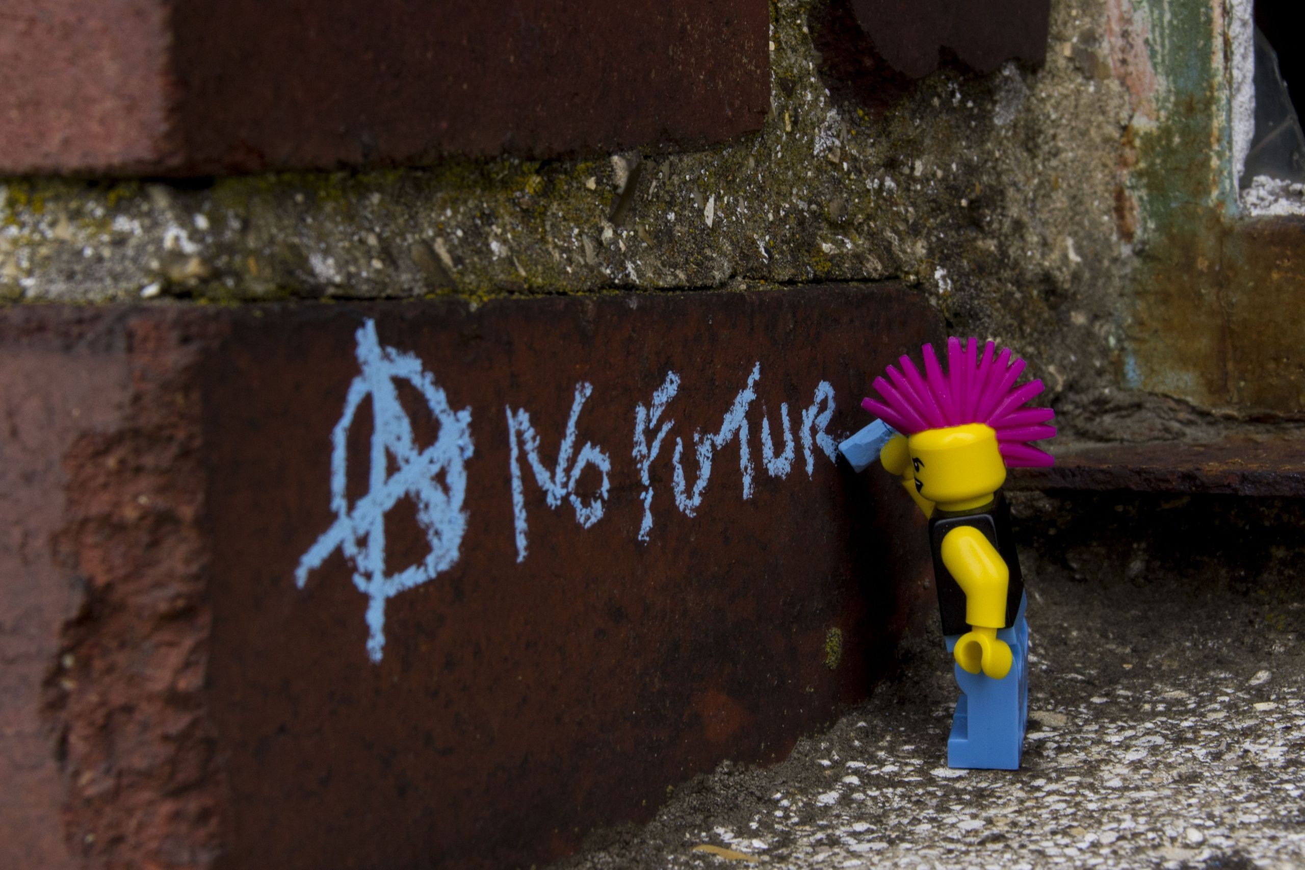 photography, Artwork, Toys, LEGO, Bricks, Figurines, Text, Chalk, Anarchy, Punk, Miniatures, Walls, Broken Glass, Writing, Street, Grunge, Humor, Circle A Wallpaper