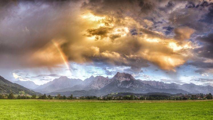 nature, Landscape, Rainbows, Mountain, Field, Grass, Clouds, Sky, Sunlight HD Wallpaper Desktop Background