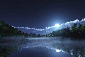 nature, Landscape, Starry Night, Moonlight, Clouds, Tropical, Mist, Palm Trees, Lake, Reflection