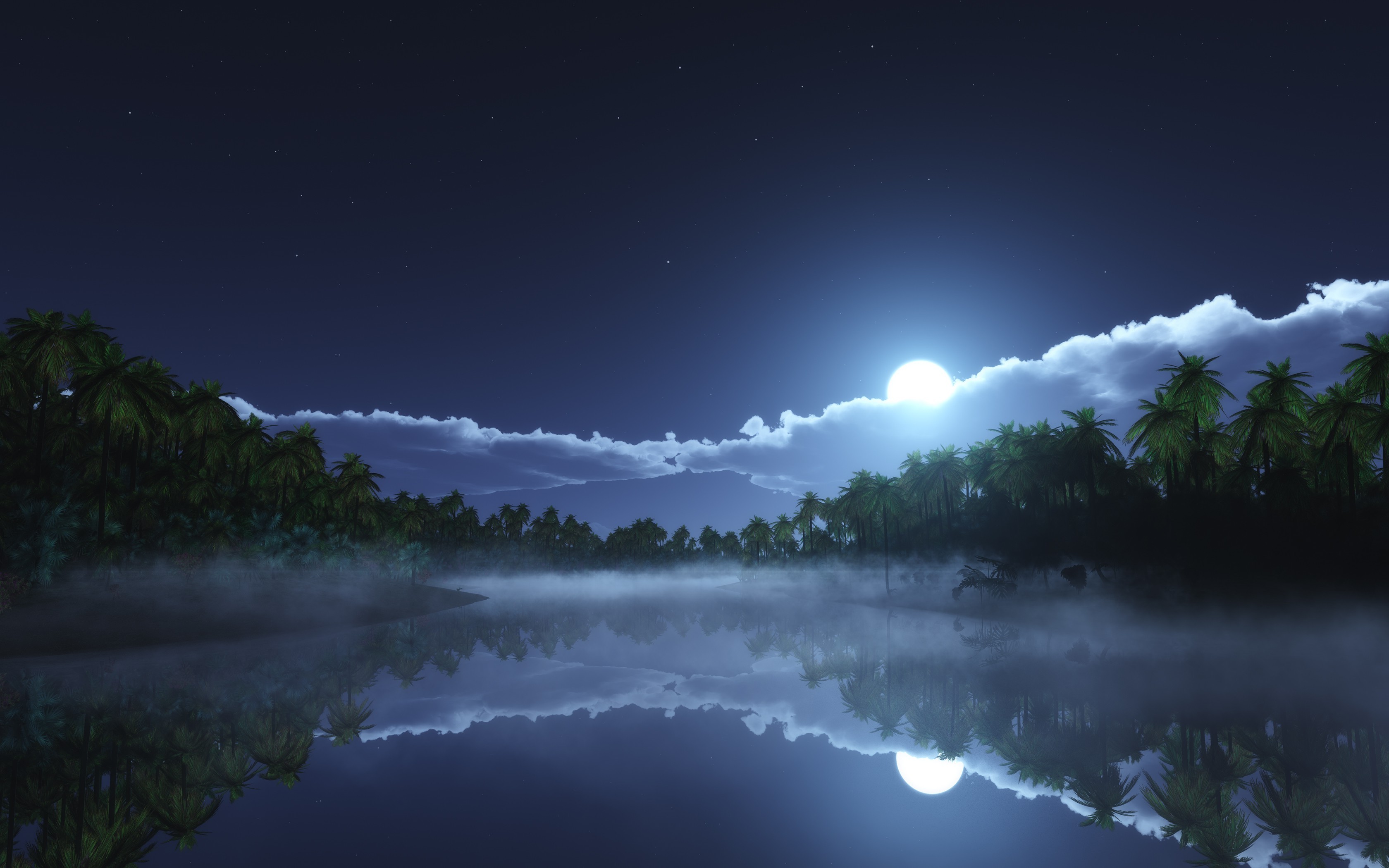 nature, Landscape, Starry Night, Moonlight, Clouds, Tropical, Mist