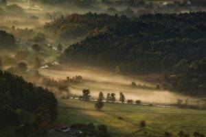 landscape, Nature, Mist, Valley, Morning, Forest, Farm, Field, Trees, Hill